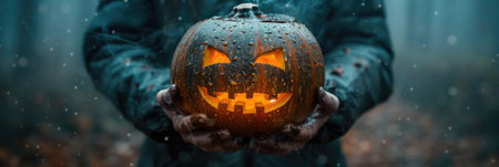 glowing jack o lantern held by person in misty forest, surrounded by falling rain and autumn leaves,...