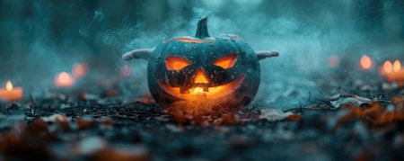 spooky Halloween pumpkin with carved face, glowing from within, surrounded by candles and mist in dark forest setting. atmosphere is eerie and enchanting, perfect for Halloween season.の写真素材