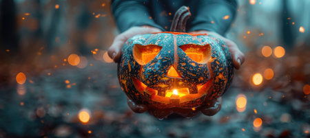 glowing jack o lantern held in hands, surrounded by autumn leaves and soft bokeh lights, creates magical Halloween atmosphere.の写真素材