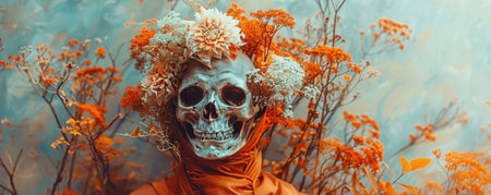 striking skull adorned with vibrant flowers and foliage, creating captivating Halloween aesthetic. warm orange tones evoke sense of autumn and celebration.の写真素材