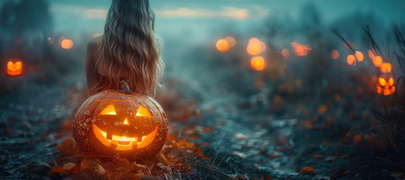 serene Halloween scene featuring woman with long hair sitting beside glowing jack o lantern in misty field. atmosphere is enchanting and evokes sense of mystery and celebration.の写真素材