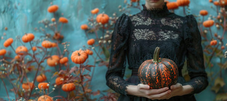 woman in black lace dress holds pumpkin surrounded by vibrant orange pumpkins and flowers against...