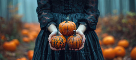 woman in dark dress holds three pumpkins in misty pumpkin patch, surrounded by autumn foliage. scene...