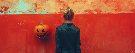woman stands against vibrant orange wall, gazing at carved pumpkin with playful expression. scene captures essence of Halloween, blending colors and emotions beautifully.の写真素材