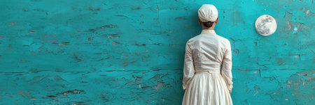 woman in white dress stands against textured turquoise wall, gazing at full moon. scene evokes sense of solitude and contemplation, blending simplicity with touch of surrealism.の写真素材