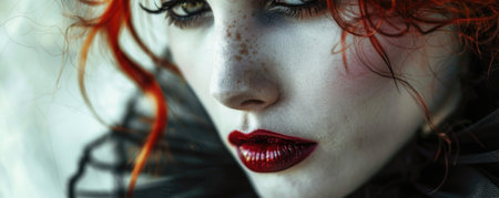 close up portrait of woman with striking red hair and bold makeup, showcasing her intense gaze and...
