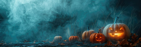 Spooky Halloween pumpkins glow in mist, creating eerie atmosphere. carved faces add playful yet haunting charm to scene, perfect for festive celebrations.の写真素材