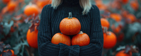 woman in black sweater holds three pumpkins in pumpkin patch, surrounded by vibrant orange pumpkins. scene captures essence of autumn and harvest time.の写真素材