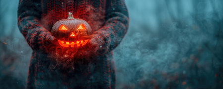 person holding glowing jack o lantern in misty, atmospheric setting evokes sense of Halloween magic and mystery. pumpkins carved face shines brightly against foggy backdrop.の写真素材