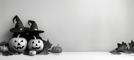 Spooky Halloween scene featuring carved pumpkins, witch hats, and autumn leaves, creating festive atmosphere perfect for season.の写真素材