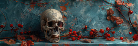detailed still life featuring skull surrounded by autumn leaves and red berries, creating haunting yet artistic atmosphere perfect for Halloween.の写真素材