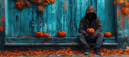 person in dark hoodie sits against vibrant blue wooden wall, surrounded by carved pumpkins. autumn leaves create warm, festive atmosphere, evoking sense of Halloween mystery and intrigue.の写真素材