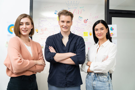 Professional successful caucasian business team crossing arm with confident while standing in front...