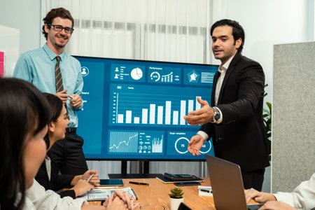 Businessman deliver business presentation with financial report data analysis or market trend show...
