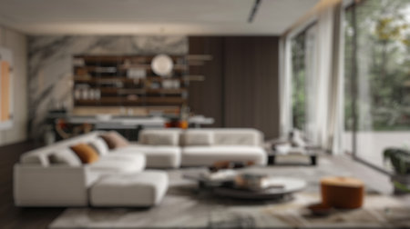 Blur background of elegant and sophisticated showroom living room with modern furniture. Interior...