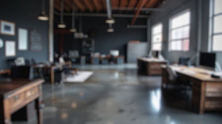 Blur background of modern office with industrial decor, desks, wooden floor and computers. Contemporary workplace design concept. Design for poster, wallpaper, banner, greeting card. Black. Spate.の写真素材
