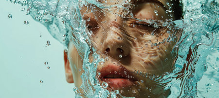A serene portrait of a person submerged underwater, showcasing beauty and tranquility. The interplay...