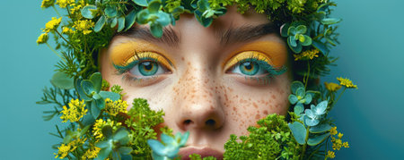 A captivating portrait of a woman adorned with vibrant greenery and flowers, showcasing beauty and sustainability. The bright makeup highlights her eyes, enhancing the connection with nature.の写真素材