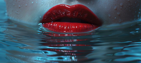 An artistic close-up of glossy red lips partially submerged in water, creating a captivating...
