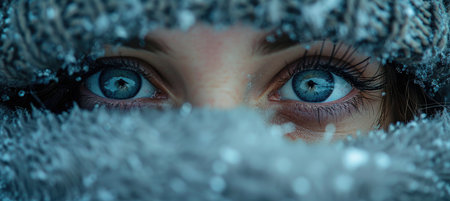 A stunning close-up of a persons captivating blue eyes framed by a cozy wool accessory, showcasing...
