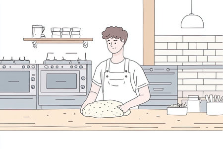 Kneading dough in bakery, baker prepares fresh bread with care and skill. warm atmosphere and professional kitchen setup enhance baking experience.の写真素材