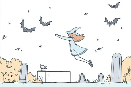 whimsical witch flies joyfully over haunted graveyard, surrounded by playful bats and curious owl. scene captures lighthearted Halloween spirit.の写真素材