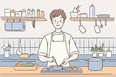 chef is experimenting with new recipes in modern kitchen, surrounded by fresh ingredients and cooking tools. atmosphere is creative and inviting, perfect for culinary exploration.の写真素材