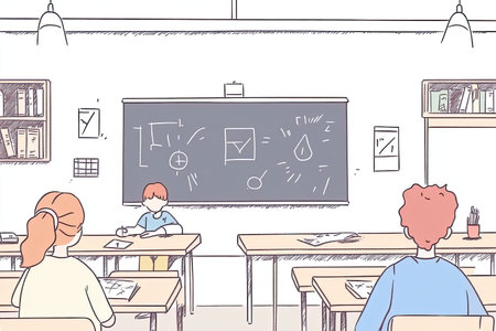 math classroom with students focused on solving problems, showcasing chalkboard filled with mathematical symbols and diagrams. atmosphere is engaging and educational.の写真素材