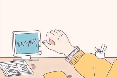 person using wearable AI assistant to monitor vital signs while sitting at desk. device displays health data, showcasing integration of technology in personal health management.の写真素材