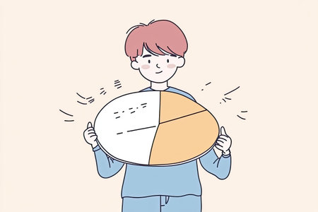 business leader holding pie chart with all sections, showcasing data analysis and presentation skills. character expresses confidence and engagement in their work.の写真素材