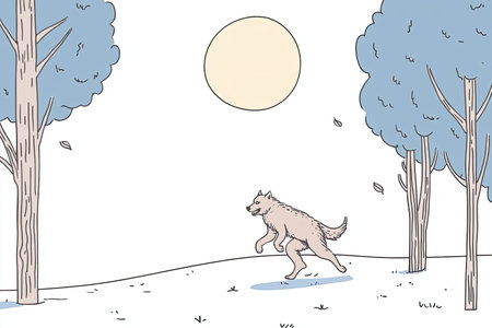 werewolf running through misty forest under full moon, surrounded by trees and serene landscape....
