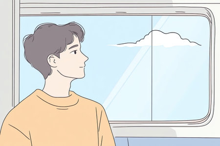 traveler enjoying view from window of train, gazing at clouds outside. serene expression reflects...