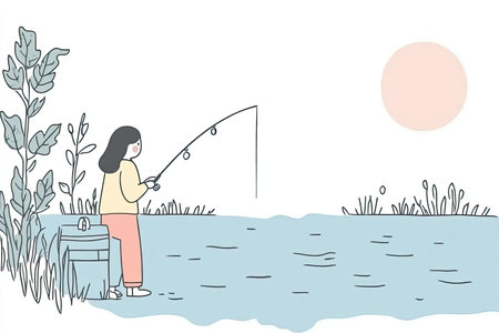 person fishing by peaceful lake at sunrise, surrounded by natures beauty. serene atmosphere evokes...