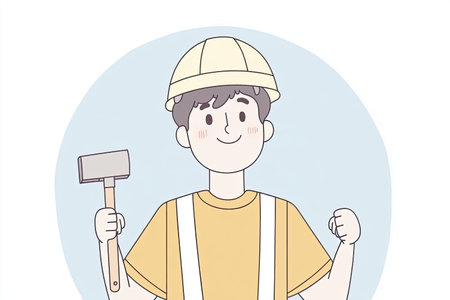 cheerful construction worker wearing hard hat and holding hammer, ready for work. This illustration captures spirit of determination and safety in construction.の写真素材