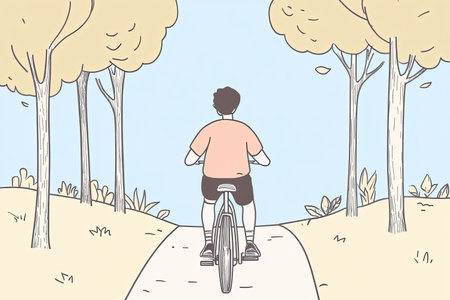 person cycling through serene forest trail, enjoying nature and staying active. peaceful surroundings and gentle breeze create refreshing atmosphere.の写真素材