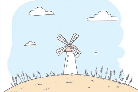 windmill spinning above field of wheat, symbolizing rural life and natures beauty. serene landscape evokes sense of peace and tranquility.の写真素材