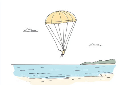 tourist is parasailing above crystal clear waters, enjoying thrill of adventure while surrounded by serene beach landscape. vibrant colors and calm atmosphere create joyful experience.の写真素材