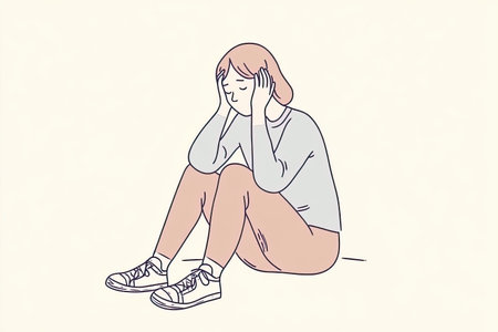 person sitting with their head in their hands, expressing feelings of stress and overwhelm. This illustration captures moment of introspection and emotional struggle.の写真素材