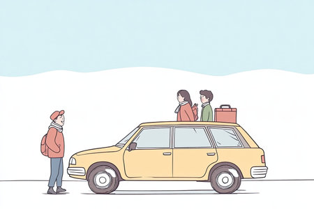 family is preparing for winter road trip, packing their car with luggage and enjoying moment. cheerful atmosphere reflects excitement for journey ahead.の写真素材