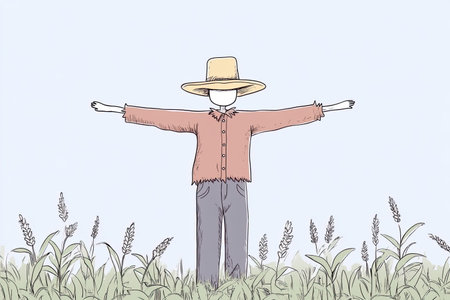 hand drawn scarecrow stands in cornfield, arms outstretched against pale sky. figure, with straw hat and simple clothing, evokes sense of rural charm and tranquility.の写真素材