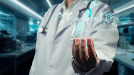 Close up of smart doctor holding DNA sample hologram floating on hand. Medical worker showing DNA...