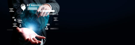 Human interact with AI artificial intelligence virtual assistant chatbot in concept of AI artificial intelligence prompt engineering, LLM AI deep learning to use generative AI for work support. FaaSの写真素材