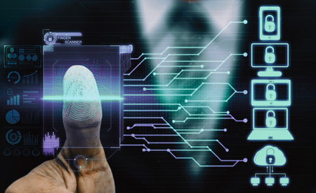 Fingerprint Biometric Digital Scan Technology. interface showing man finger with print scanning identification. Concept of digital security and private data access by use fingerprint scanner. udsの写真素材