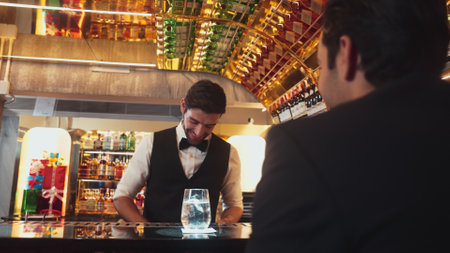 Smart bartender serving drink gin fizz with lemon sliced to VIP guest while waiting friend at luxurious counter bar. Barman providing excellent service at vibrant nightlife party atmosphere. Vinosity.の写真素材