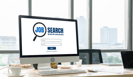 Online job search on modish website for worker to search for job opportunities on the recruitment internet networkの写真素材