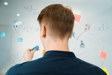 Professional caucasian businessman writing and sharing marketing idea by using mind map and sticky notes on glass board at meeting room. Creative business and planing concept. Back view. Immaculate.の写真素材