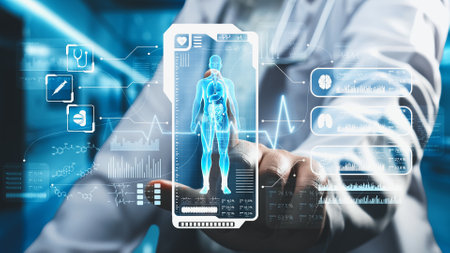 Close up of skilled doctor sitting and pointing at human anatomy hologram. Medical worker accessing and connecting with medical data to examine human body by using HUD dashboard whole body. Remedial.の写真素材
