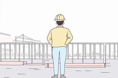 An engineer in a hard hat surveys a bridge construction site, standing confidently near safety barriers. This scene captures the essence of infrastructure development.の写真素材