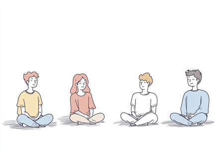 A diverse group of people sitting in a prayer circle, promoting mindfulness and connection. The image conveys harmony, peacefulness, and community spirit.の写真素材