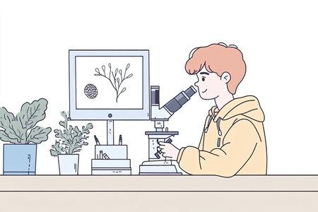 A young student explores the world of biology using a microscope in a modern lab. The setup includes...